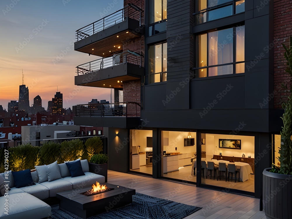 Contemporary townhouse with a rooftop deck and urban views, generative AI