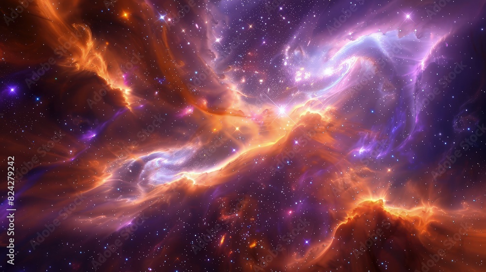Obraz premium A stunning space galaxy scene featuring swirling nebula clouds in radiant purples and oranges, with millions of stars sparkling in the background.