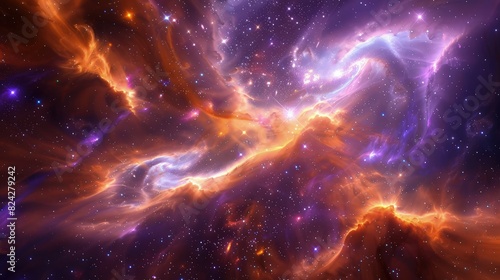 A stunning space galaxy scene featuring swirling nebula clouds in radiant purples and oranges, with millions of stars sparkling in the background.