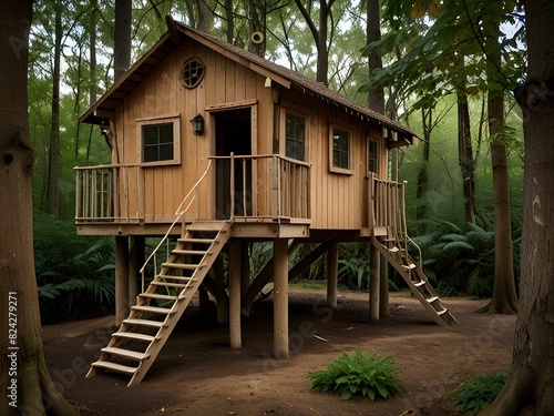 Rustic treehouse with wooden railings and a rope ladder, generative AI