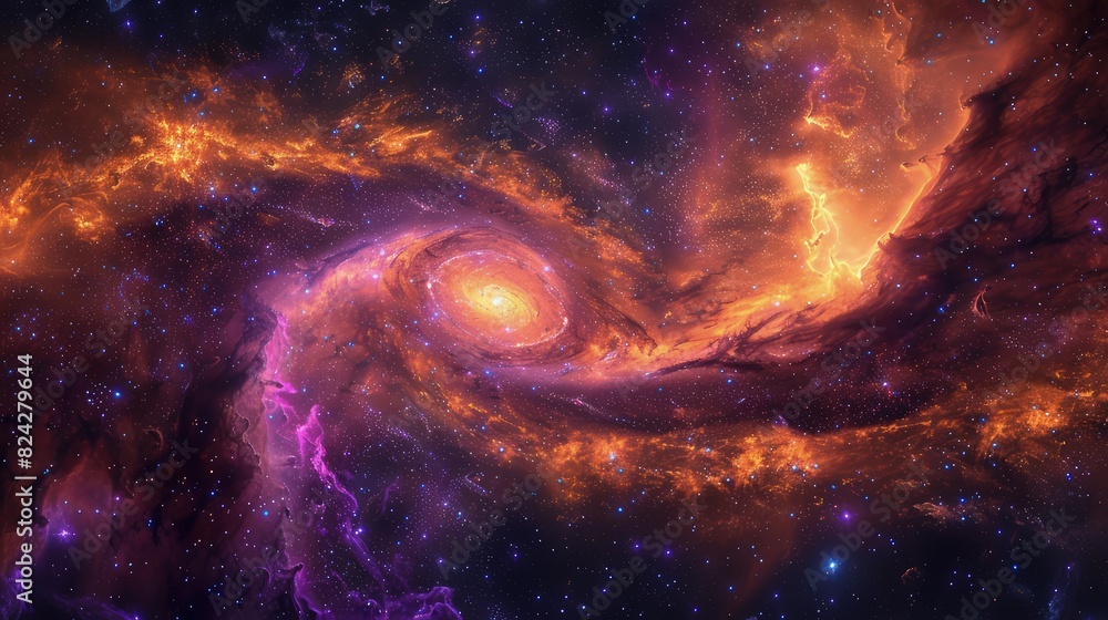Obraz premium A stunning space galaxy scene featuring swirling nebula clouds in radiant purples and oranges, with millions of stars sparkling in the background.