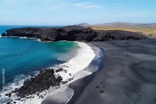 panorama, black, volcanic, beach, aerial, view, landscape, ocean, coast, drone, photography, nature, scenery, rocks, shore