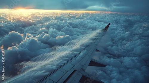Awe-Inspiring View of Commercial Airplane Wing Slicing Through Dramatic Turbulent Clouds Midflight photo