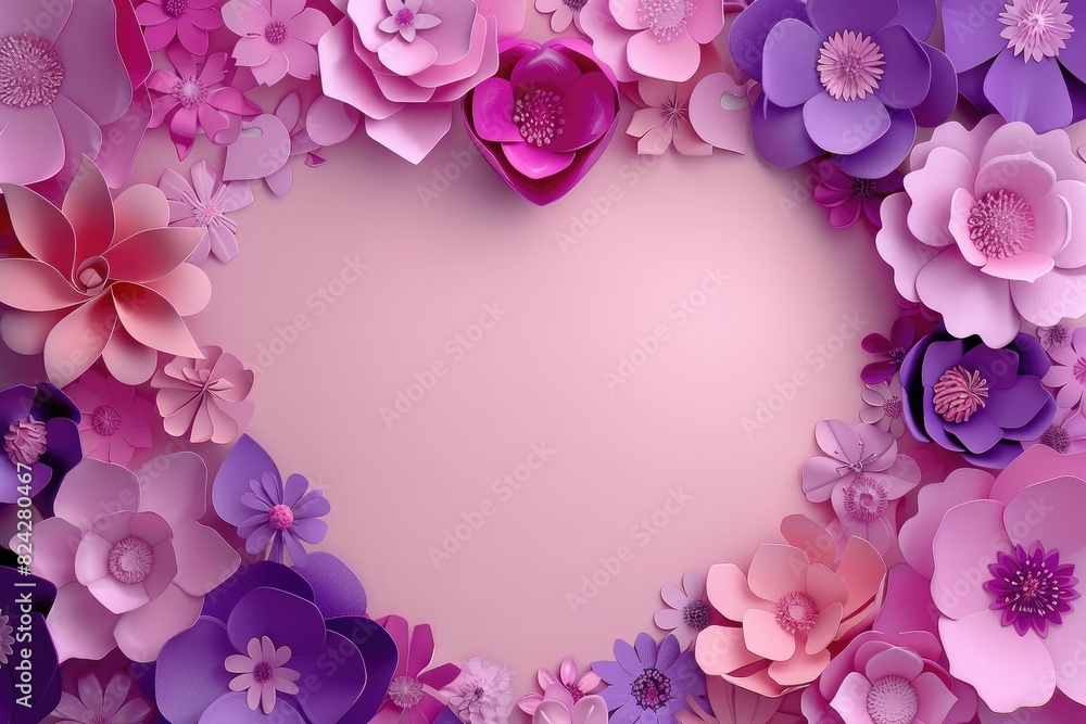 3D rendering Valentine background with pink and purple heart frame made of paper flowers