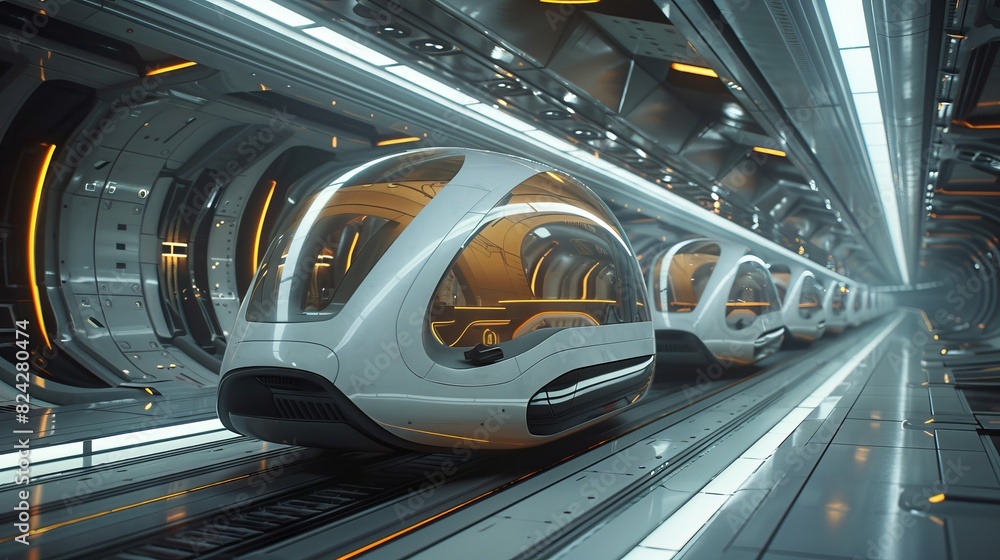 Fototapeta premium Air Pocket Futuristic Transportation: Hovering Vehicles with Sleek Design - Photorealistic Render