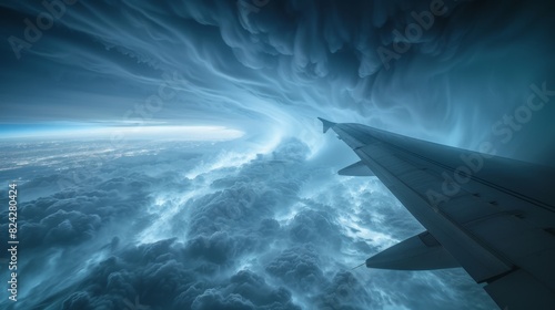 Dynamic Aircraft Wing with Visible Wingtip Vortices in Turbulent Air Flow photo