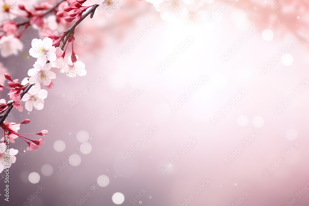 A delicate pink cherry blossom branch in full bloom forms a beautiful border against a spring background. Flower frame. A delicate pink cherry blossom branch in full bloom forms a beautiful border against a spring background. Flower frame.