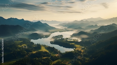 Morning landscape aerial view with green forest  mountains  lake  and sunrise sky  water and forest sustainability concept