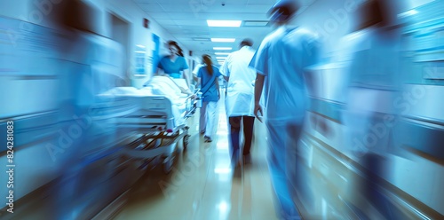 European doctors and nurses walking in hospital hallway with patient on gurney, motion blur, out of focus