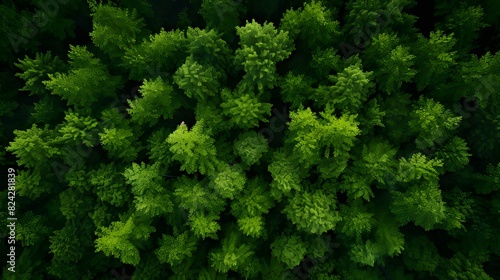 Drone's aerial perspective of lush green trees in the forest, capturing CO2 absorption, illustrating the concept of carbon neutrality and net zero emissions, promoting a sustainable green environment photo