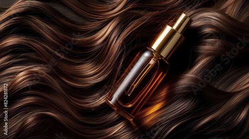 Luxurious hair serum bottle resting on wavy brunette hair