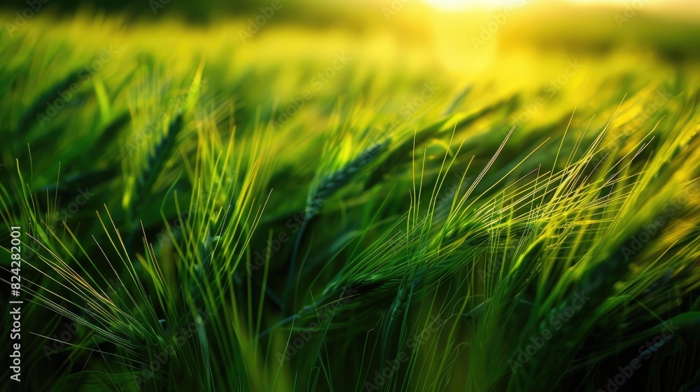 Green Wheat Field Close Up Image at Sundown