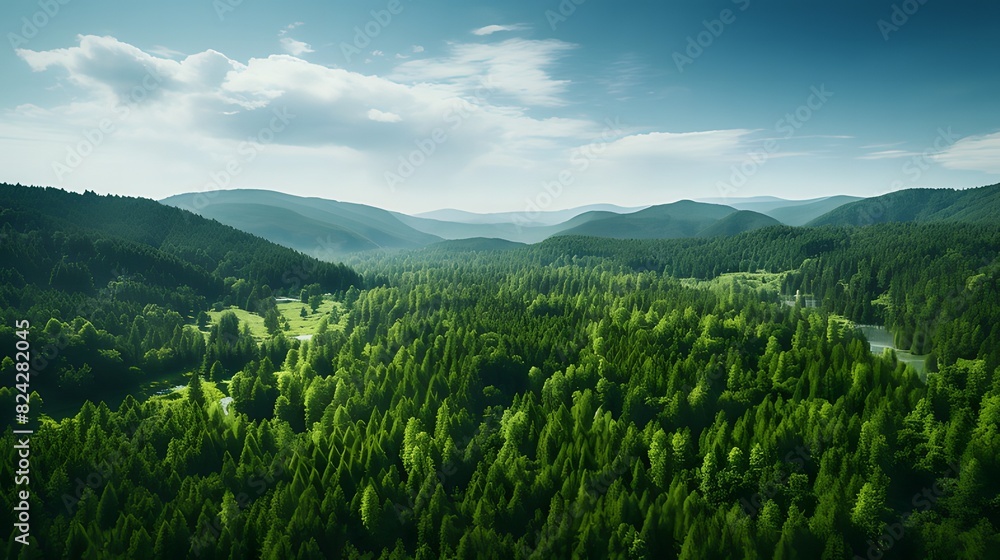 Obraz premium Aerial view of verdant forest from drone, highlighting CO2 absorption by green trees, symbolizing carbon neutrality and net zero emissions, advocating for a sustainable and eco-friendly environment