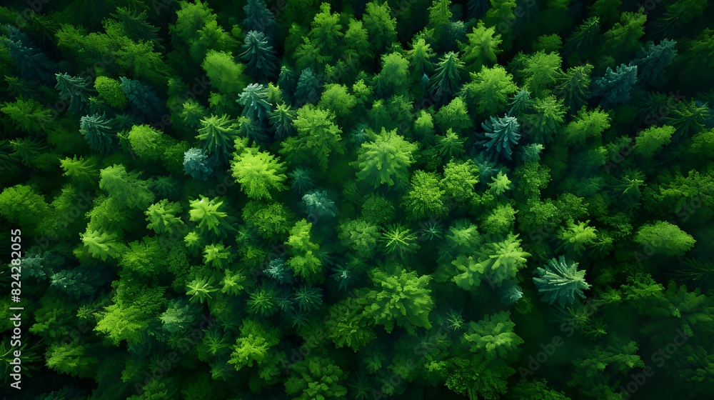 Aerial view of verdant forest from drone, highlighting CO2 absorption by green trees, symbolizing carbon neutrality and net zero emissions, advocating for a sustainable and eco-friendly environment