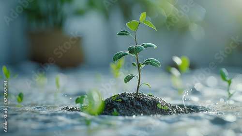 Seedling in Morning Light - a seedling in the morning light, with a blurred background and light shining on the leaves, symbolizing new beginnings and hope. photo