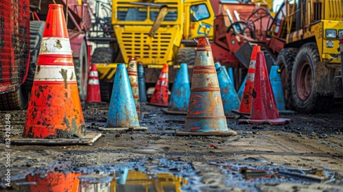 Brightly colored barricades and cones form a barrier creating a safe zone for workers to carry out their tasks. photo