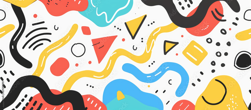 Fototapeta premium Fun and colorful abstract background featuring geometric shapes and lines in a playful pop art style