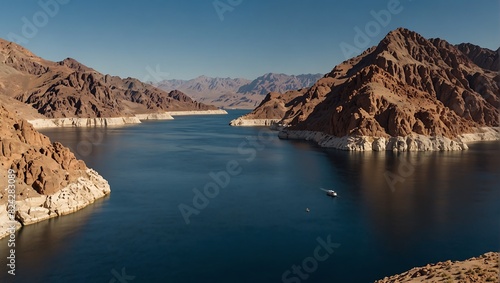 very large body of water with a canyon wall of red rocks