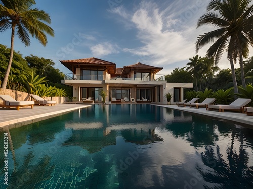 Luxurious villa with an infinity pool and tropical landscaping  generative AI