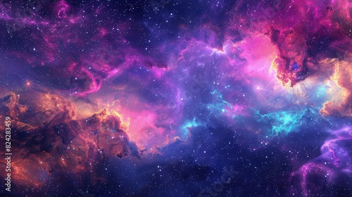 A vibrant and colorful space galaxy filled with swirling nebula clouds and starry night skies, featuring radiant hues of purple, pink, and blue.