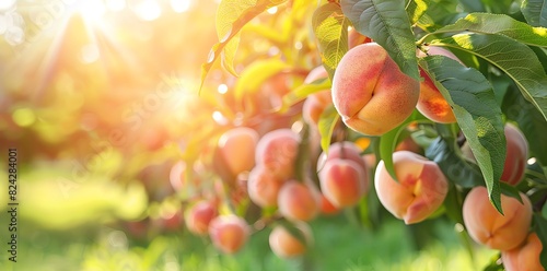 The peach trees in the orchard have ripe peaches hanging on them, with green grass under their feet and sunlight shining through the leaves onto each other.