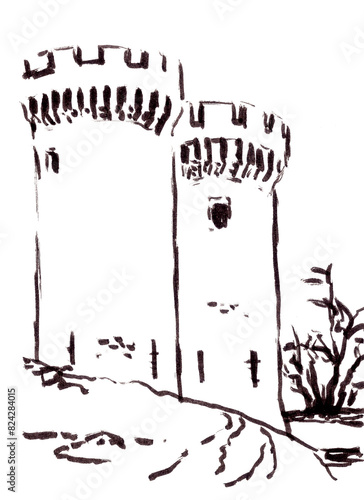 antique french castle, graphic black and white travel sketch