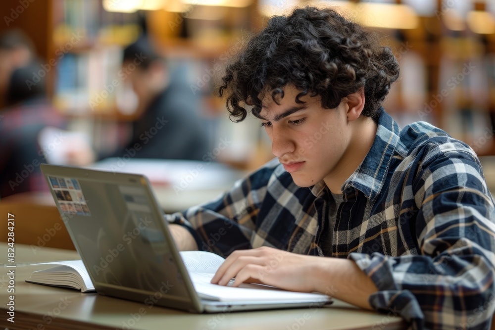 Male student learning at high school library. Study hard in the library Male student learning at high school library. Study hard in the library