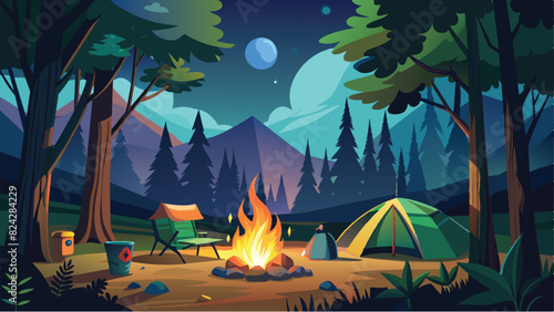 camping in the middle of the forest at night vector illustration