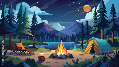 camping in the middle of the forest at night vector illustration