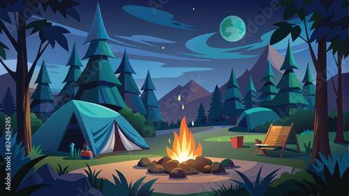 camping in the middle of the forest at night vector illustration