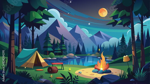 camping in the middle of the forest at night vector illustration