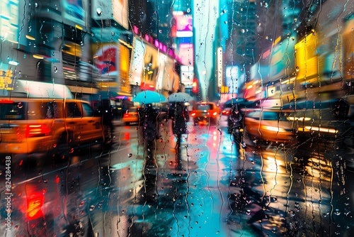 Photograph of a New York City street scene through a window, raindrops on the glass, reflections of people walking with umbrellas and cars moving in the style of, colorful abstract art, multiple expos