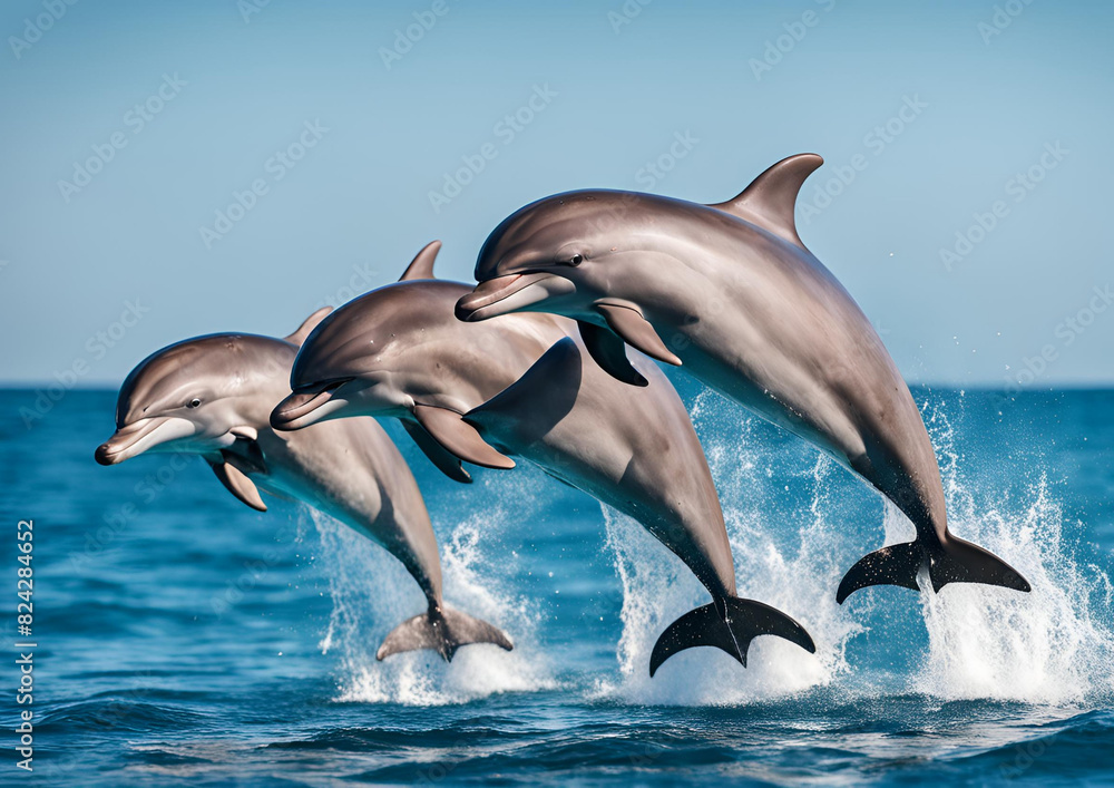 Fototapeta premium Beautiful bottlenose dolphins leaping from the clear blue sea on a sunny day.