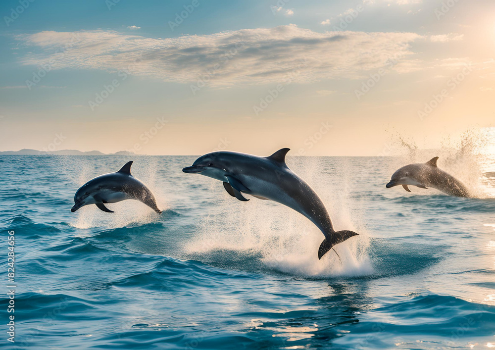 Fototapeta premium Beautiful bottlenose dolphins leaping from the clear blue sea on a sunny day.