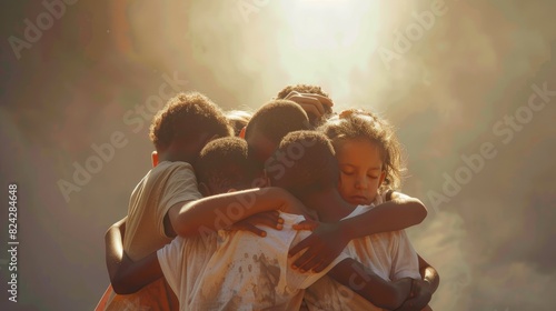 A group of diverse children huddle together in a warm embrace, their faces lit up with joy. AIG535 photo