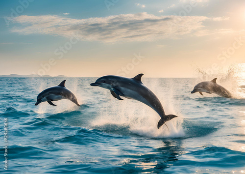 Beautiful bottlenose dolphins leaping from the clear blue sea on a sunny day. © Hai