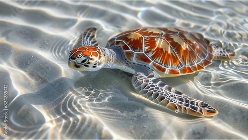 a sea turtle swimming in clear  shallow water
