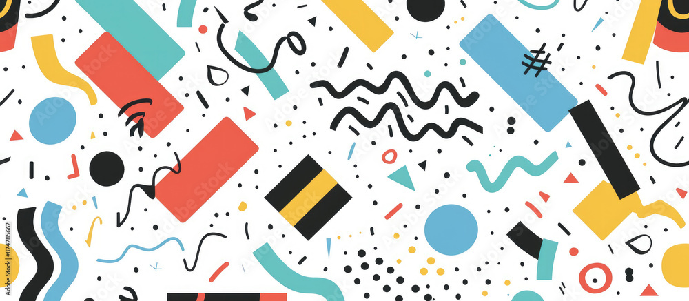 Abstract background with colorful doodles and shapes in the style of Memphis design on white background Abstract background with colorful doodles and shapes in the style of Memphis design on white background
