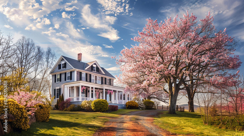 Traditional American house with Springtime garden and blooming pink sakura.