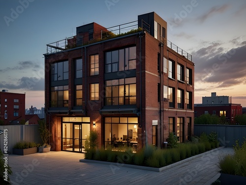 Urban loft with an industrial exterior and rooftop garden, generative AI © Zohaib