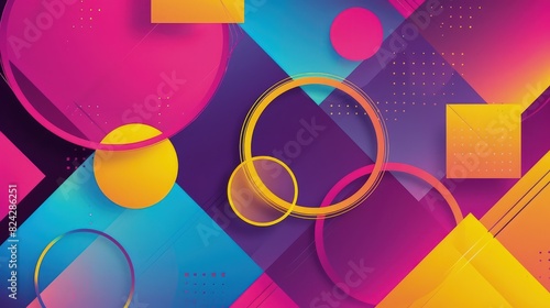 A vibrant geometric abstract background showcasing bold circles and squares in bright hues of magenta, cyan, and yellow, offering a lively and creative aesthetic.
