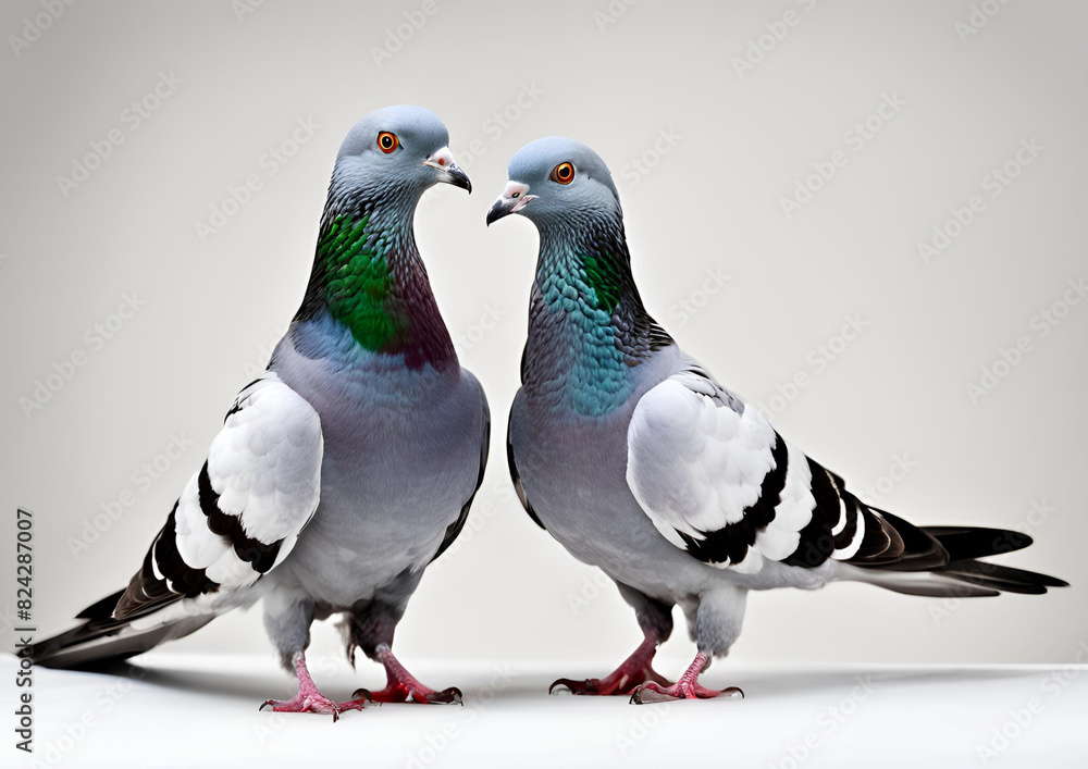 Two blue bar-homing pigeons are isolated on a white background. Two blue bar-homing pigeons are isolated on a white background.