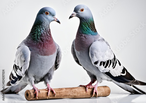 Two blue bar-homing pigeons are isolated on a white background. © Hai