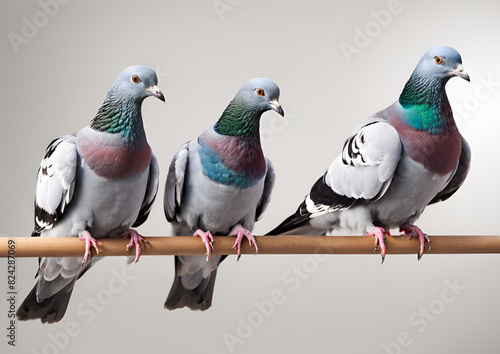 Two blue bar-homing pigeons are isolated on a white background. photo