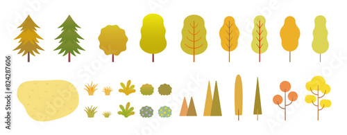 紅葉した木と植物のシンプルなイラストアイコンコレクション　白い背景に分離されたフラットなベクター素材