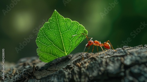 Leaf cutter ant transports leaf photo