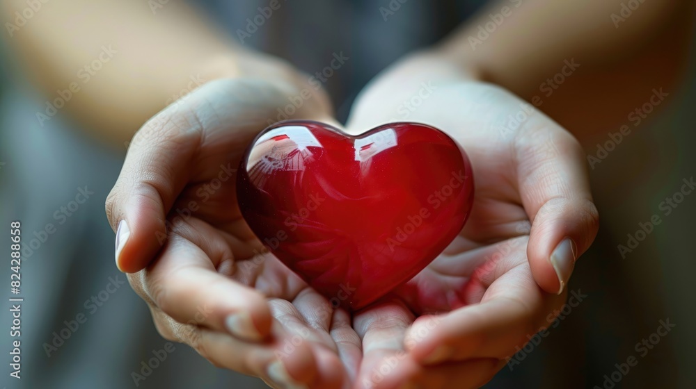A person is holding a red heart in their hands. The heart is smooth and shiny. A person is holding a red heart in their hands. The heart is smooth and shiny.