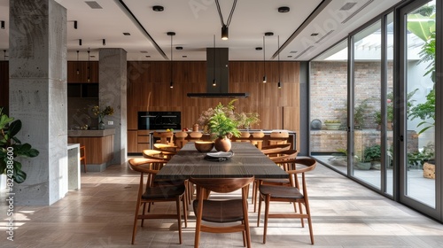 Contemporary Open Plan Kitchen and Dining Area with Modern Wooden Furniture and Large Glass Windows