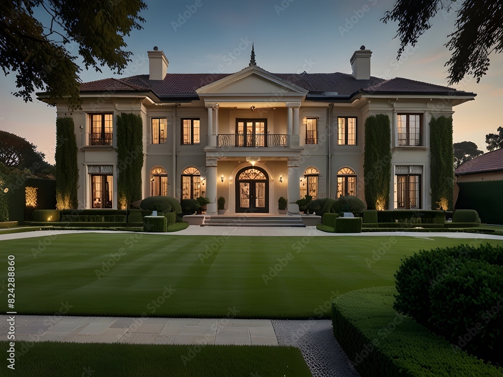 Luxurious mansion with a grand entrance and manicured lawns, generative AI