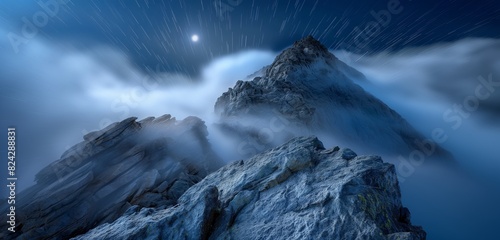 A rocky mountain summit at night, with a thin layer of fog settling in the crevices and the moon peeking through fast-moving clouds. 32k, full ultra hd, high resolution photo